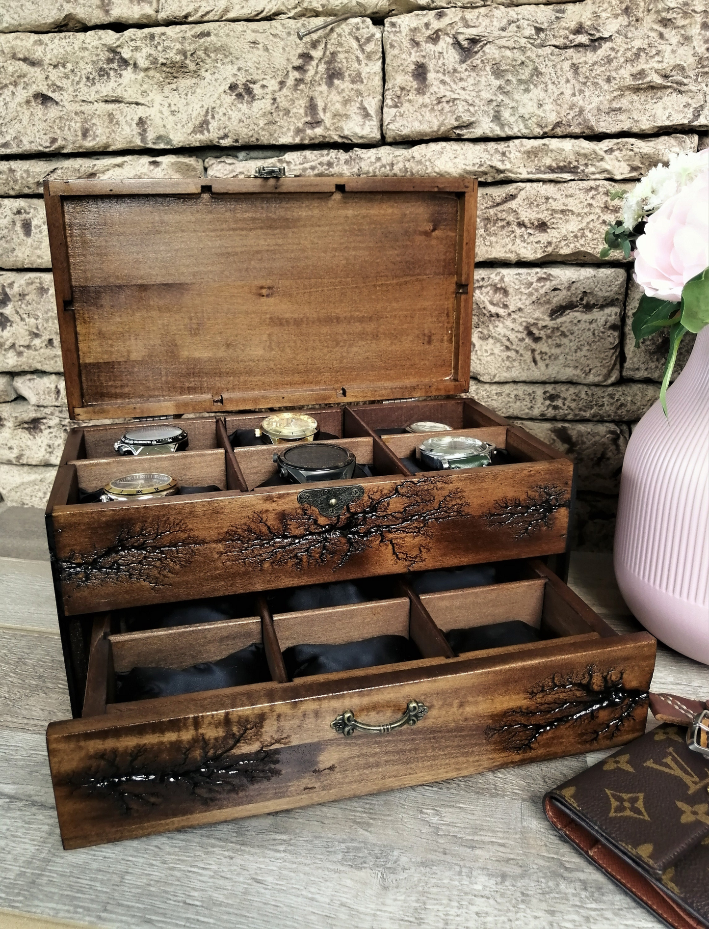 Watch Box With Drawer, Lichtenberg Figure, Watch Storage Solid Wood Personalized Box for 12 Watches by Voldor