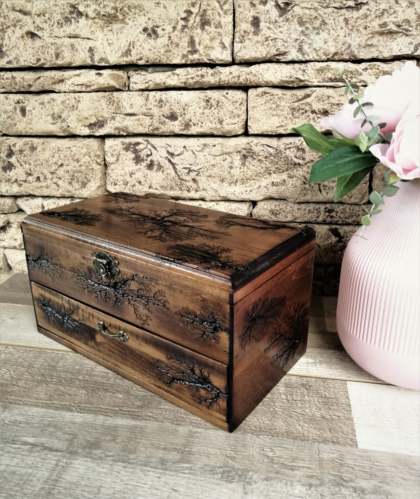 Watch Box With Drawer, Lichtenberg Figure, Watch Storage Solid Wood Personalized Box for 12 Watches by Voldor