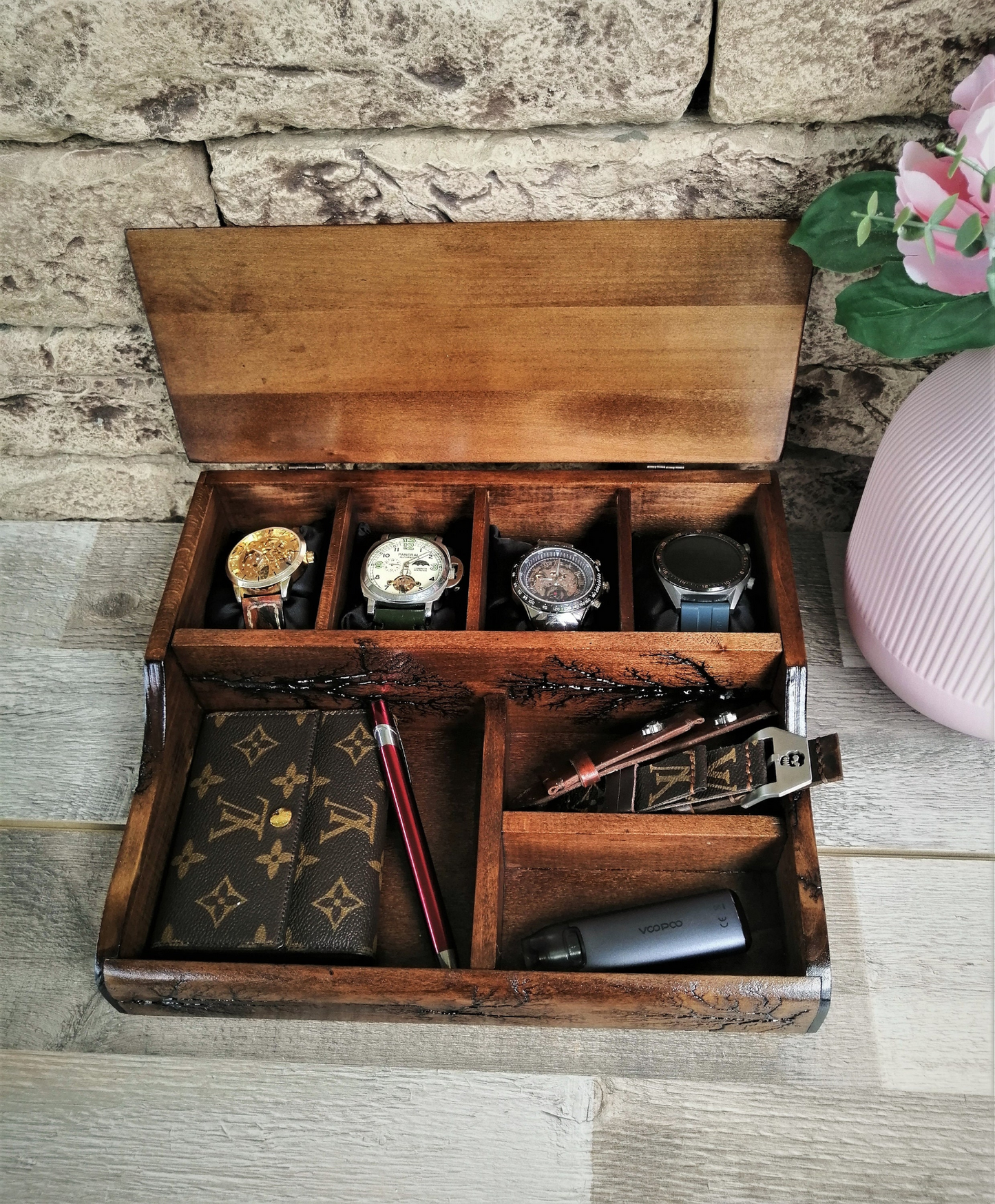 Mens Watch and Jewelry Organizer, luxury box for 4 watches, Gifts Ideas for Men