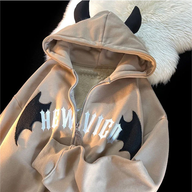 Hooded autumn and winter zippered jacket with cute cow horn three-dimensional decorative patch embroidered men's and women's hoodies in large and loose size
