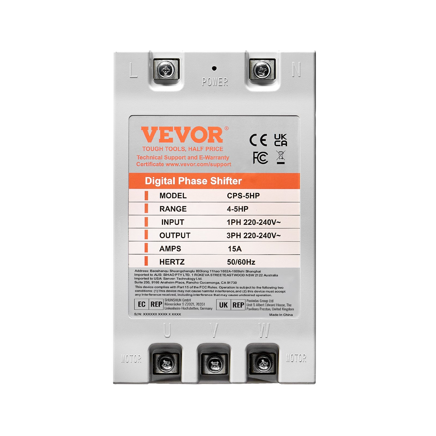 VEVOR 3 Phase Converter - 5HP 15A 220V Single Phase to 3 Phase Converter, Digital Phase Shifter for Residential and Light Commercial Use, 220V-240V Input/Output (One Converter for One Motor Only)