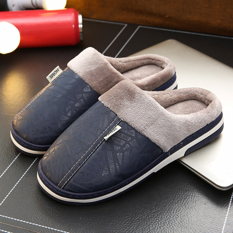 Cotton slippers in large size, winter waterproof home for couples, indoor anti slip and warm, men's external wear, women's soft soled PU leather slippers
