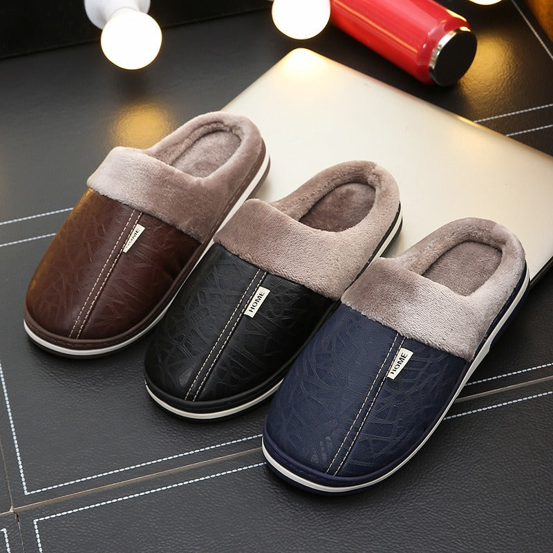 Cotton slippers in large size, winter waterproof home for couples, indoor anti slip and warm, men's external wear, women's soft soled PU leather slippers