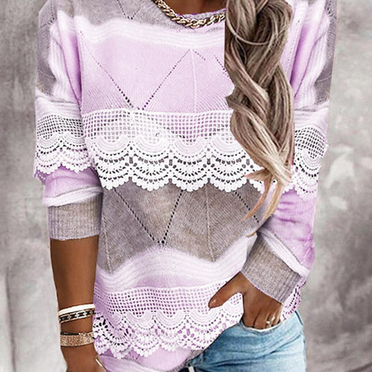 New lace lace lace pullover top, women's ice cream color round neck knit sweater, color blocking, outerwear sweater